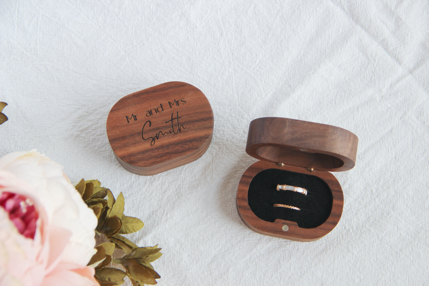 Charming Walnut Wedding Ring Box - Compact Luxury for Your Cherished Moment