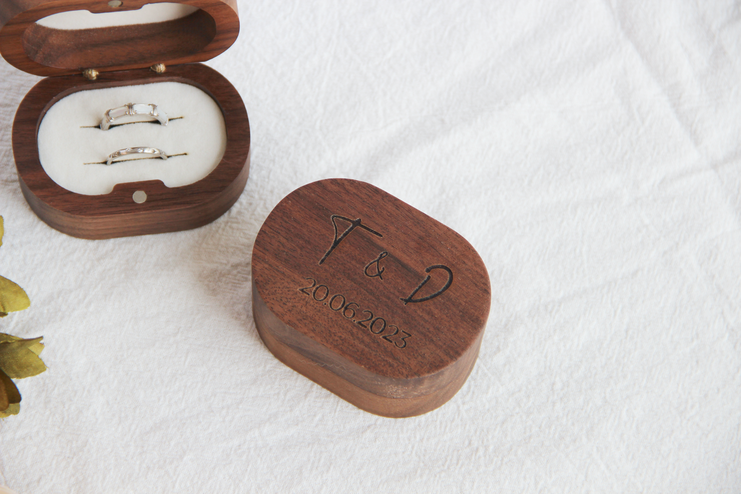 Charming Walnut Wedding Ring Box - Compact Luxury for Your Cherished Moment