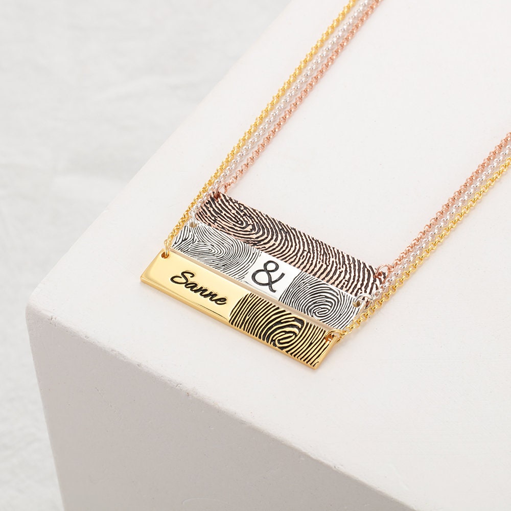 Personalised Bar Necklace with Engraved Text and Fingerprint - Unique Keepsake Jewelry