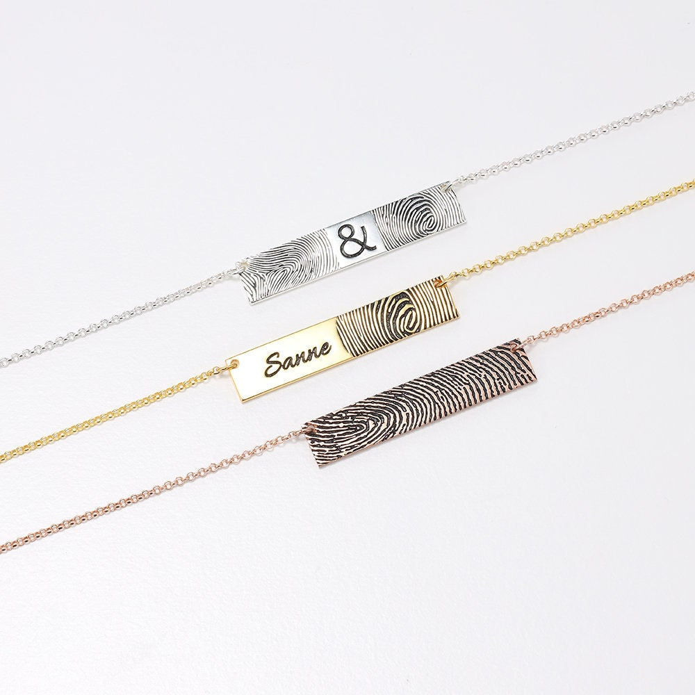 Personalised Bar Necklace with Engraved Text and Fingerprint - Unique Keepsake Jewelry