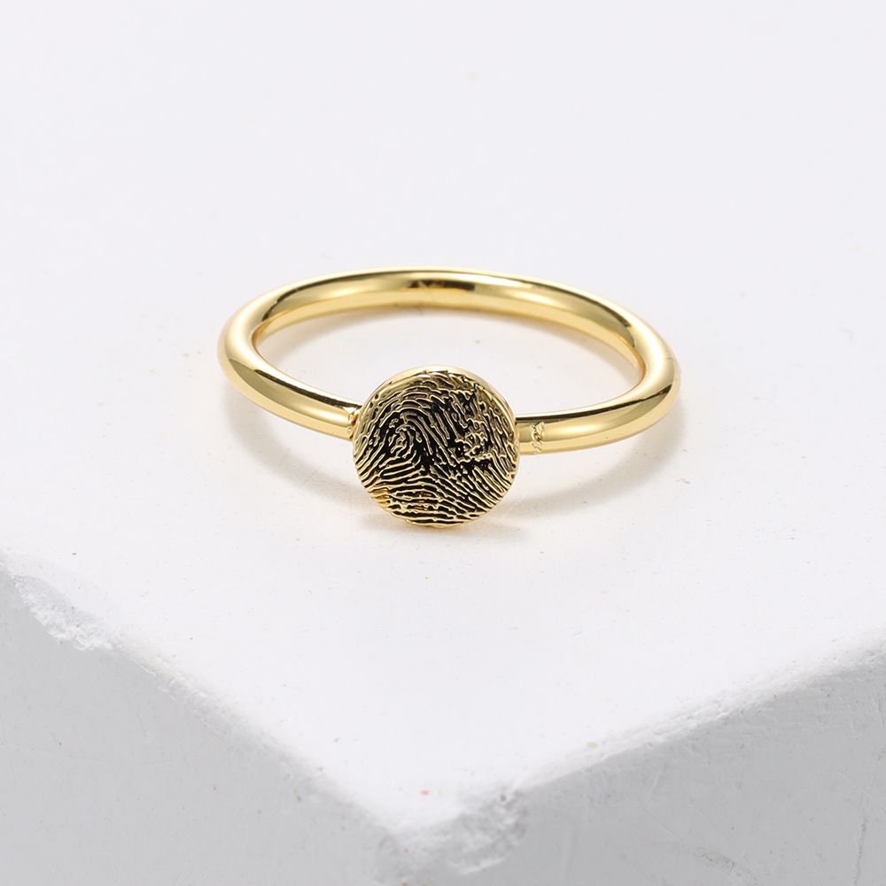 Personalized Fingerprint/Paw Print Dainty Round Disc Ring: Custom Imprint in 925 Sterling Silver