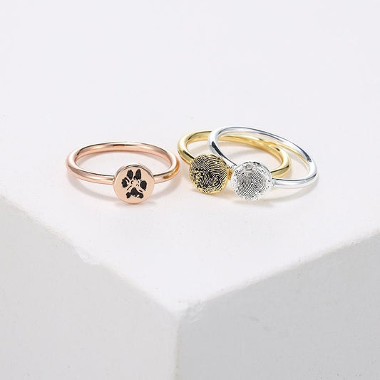Personalized Fingerprint/Paw Print Dainty Round Disc Ring: Custom Imprint in 925 Sterling Silver