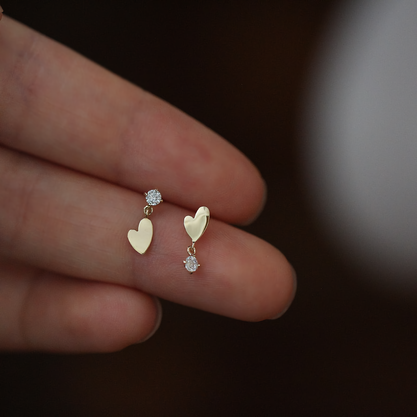 14K Solid Gold Heart Dangle Stud Earrings | Minimalist Handmade Jewelry by GenY