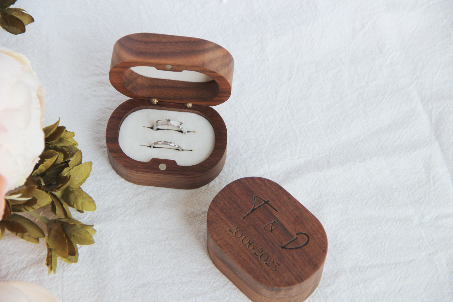 Charming Walnut Wedding Ring Box - Compact Luxury for Your Cherished Moment